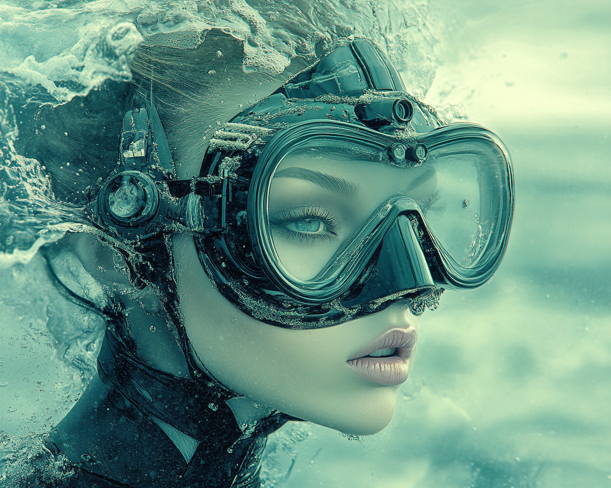 Cyborg Woman Diver Waiting By Sea 