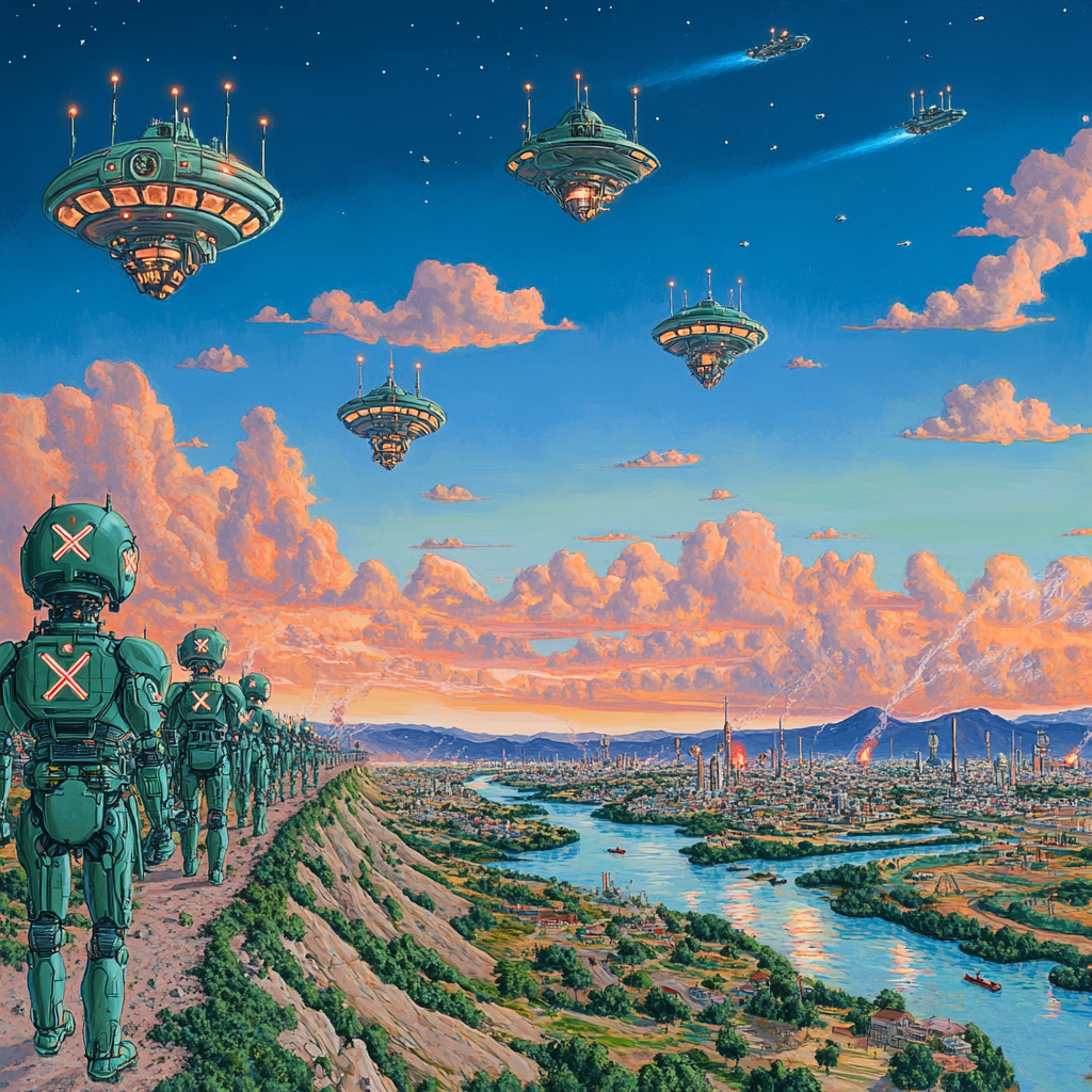 Cyborg army with X symbols, UFOs, merging rivers