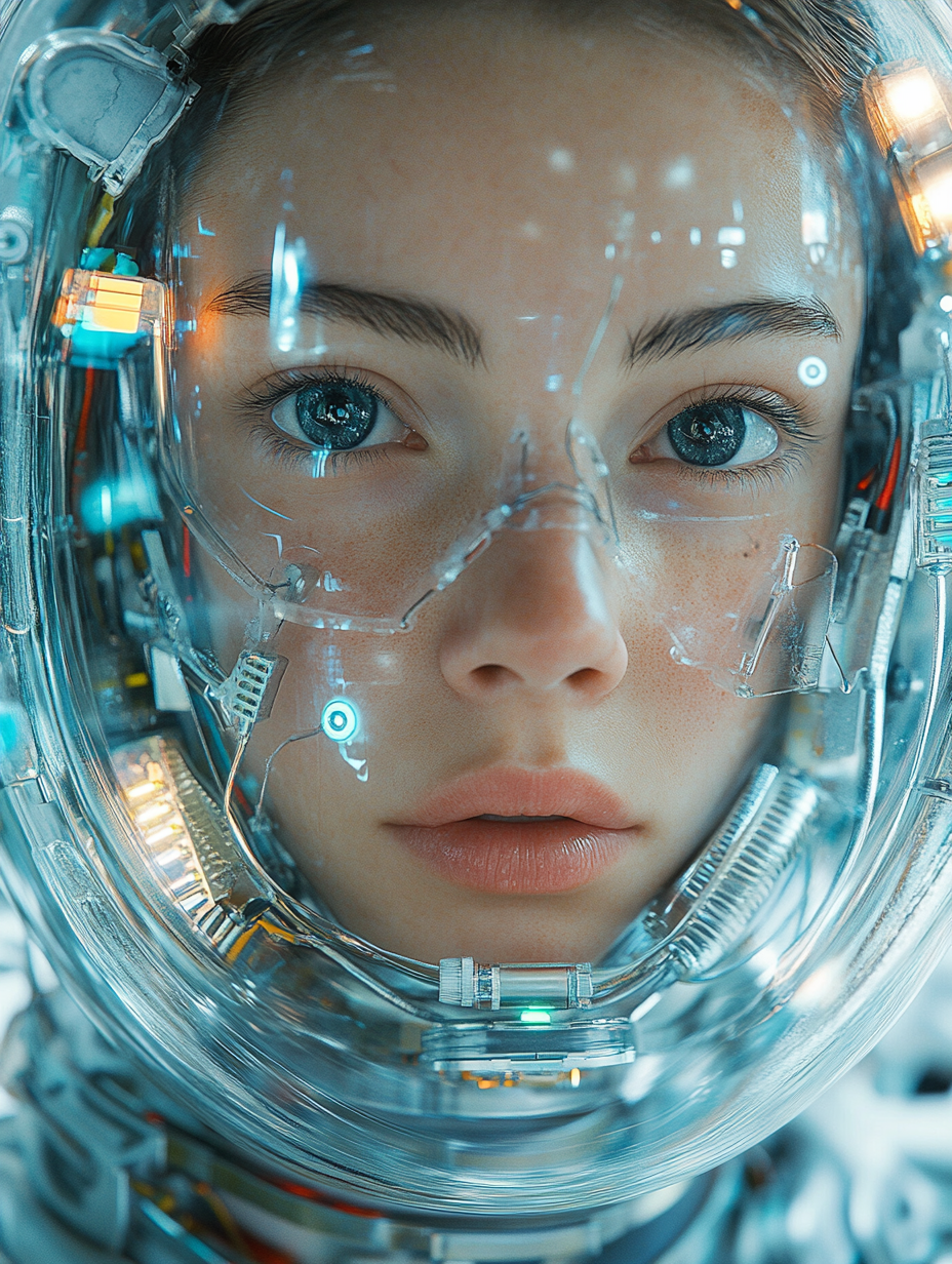 Cyborg astronaut woman's head connected to robotic body