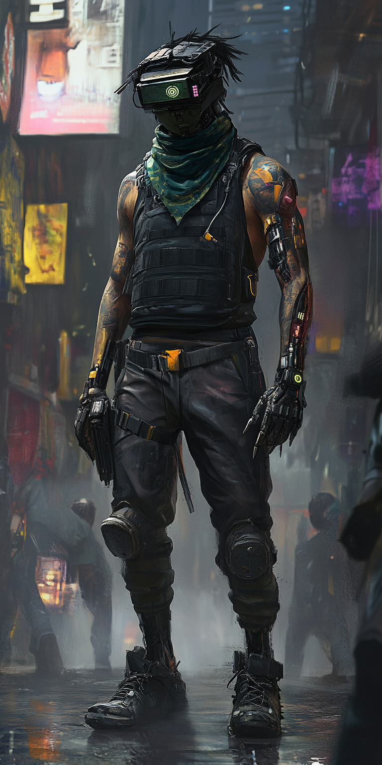 Cyborg gang member in camo plastic, sensors and bandana.