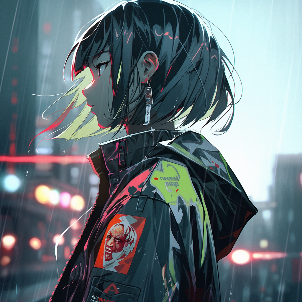 Cyborg girl in akatsuki clouds jacket in rain.