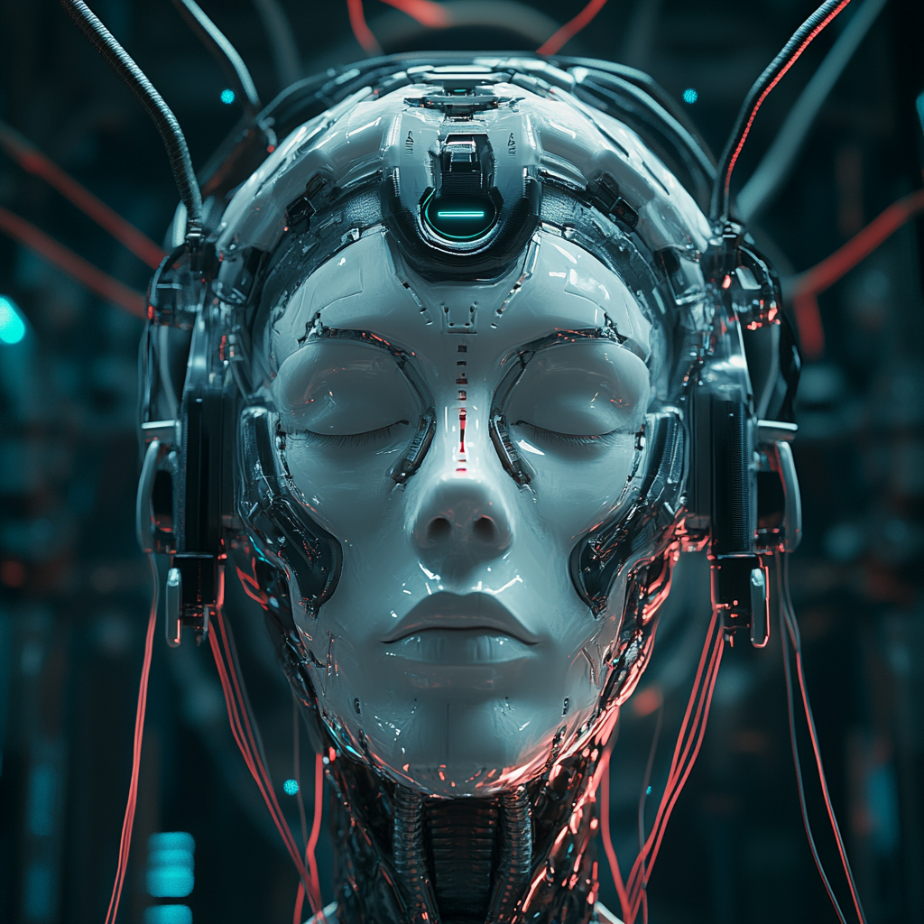 Cyborg head with closed eyes, tech cables, dark background.