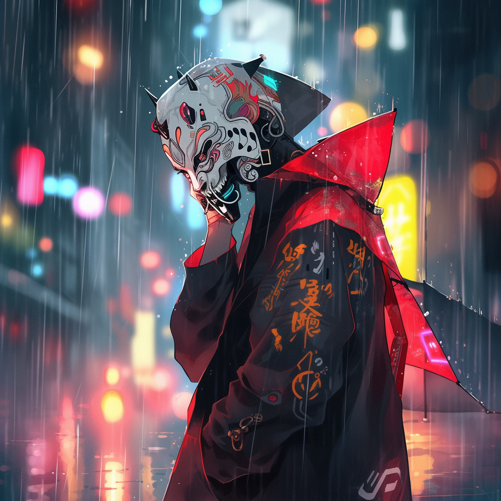 Cyborg man in akatsuki jacket standing in neon rain.