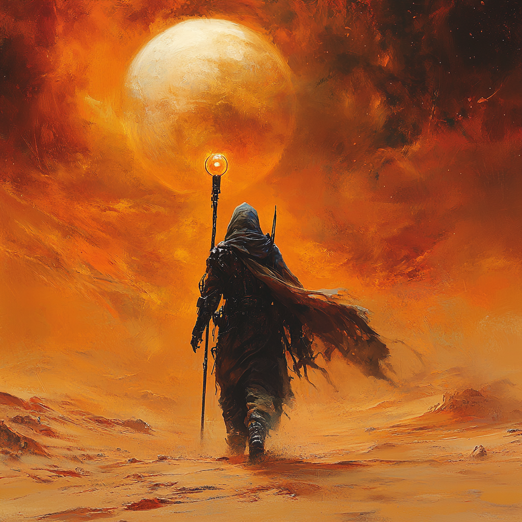 Cyborg trekking desert landscape with glowing orb staff