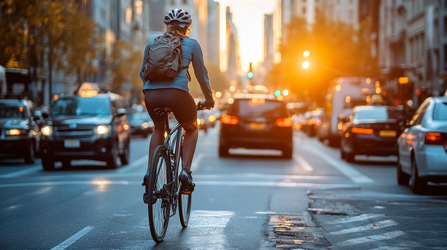 Cyclist rides bike through busy city during rush hour