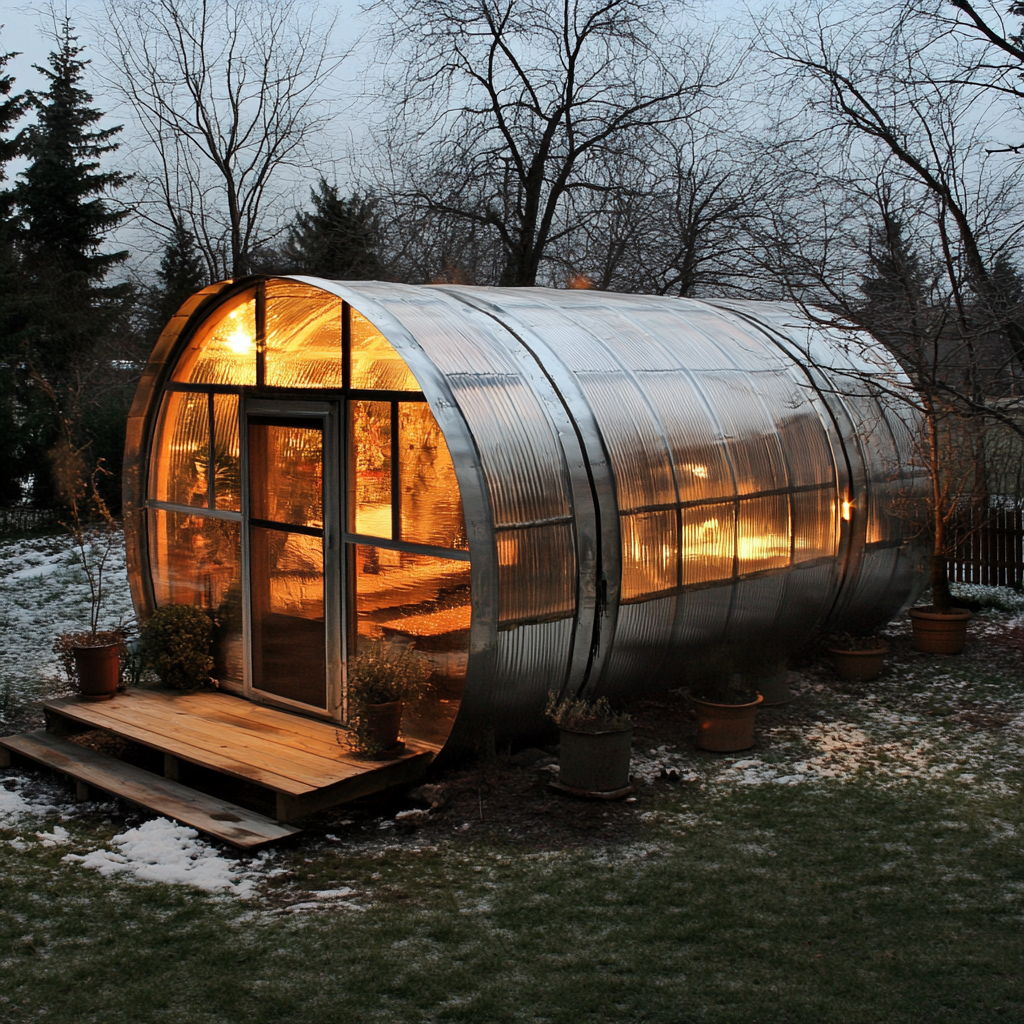 Cylinder house with ridged transparent plastic roofing, metal, wood.