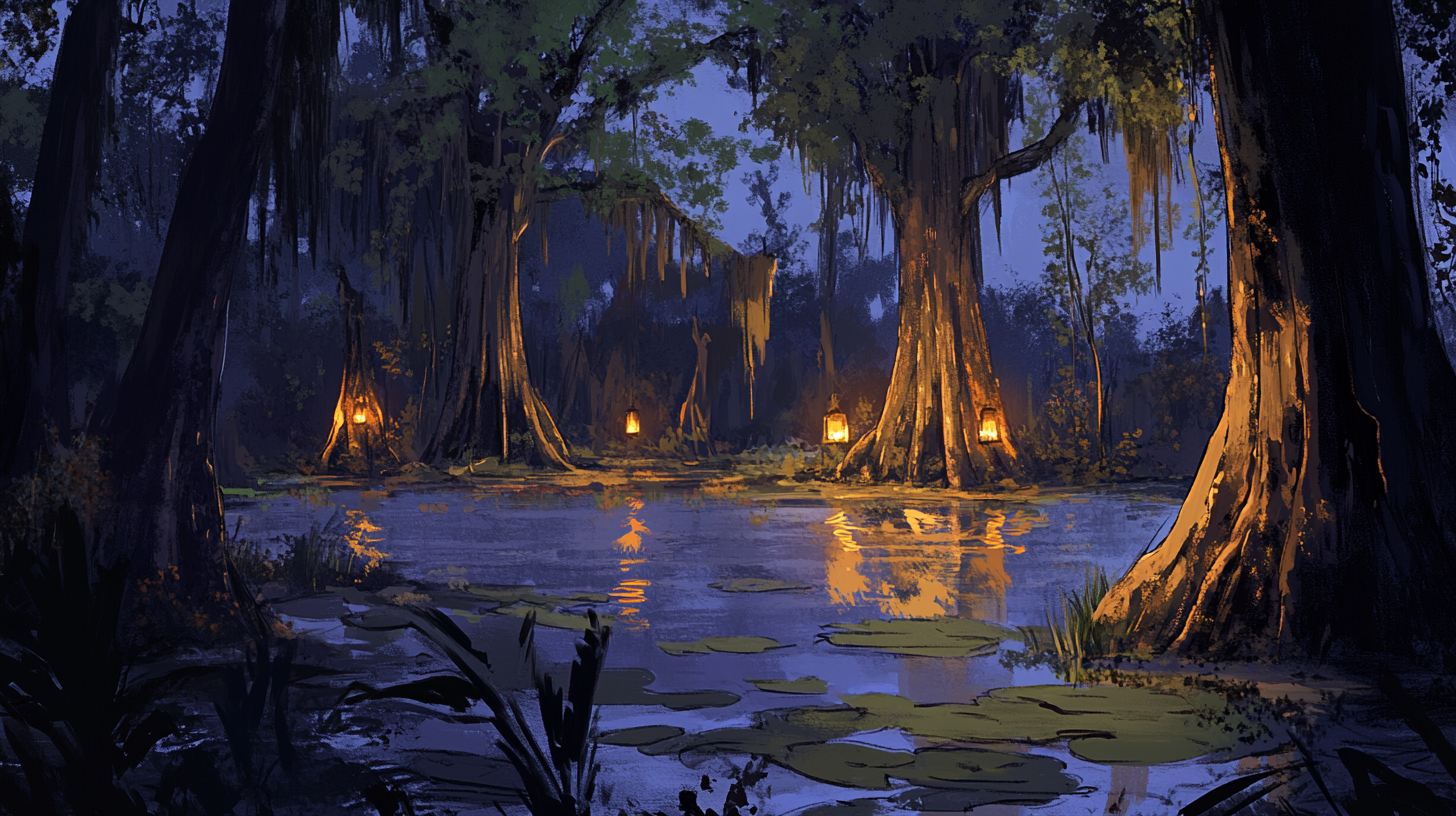 Cypress swamp meets cathedral wedding scene concept art.