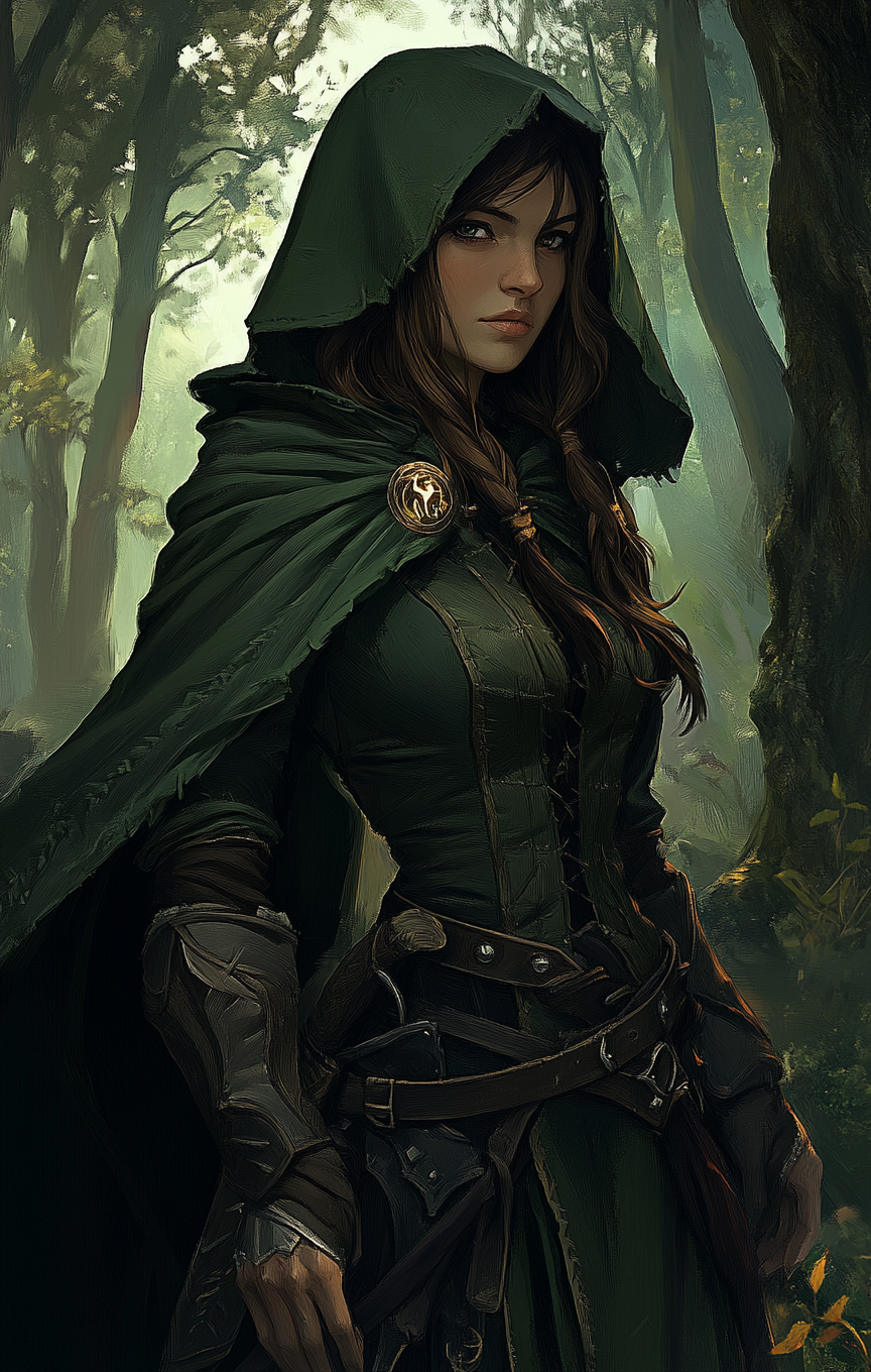 D&D rogue in green cloak, forest background, Witcher style.