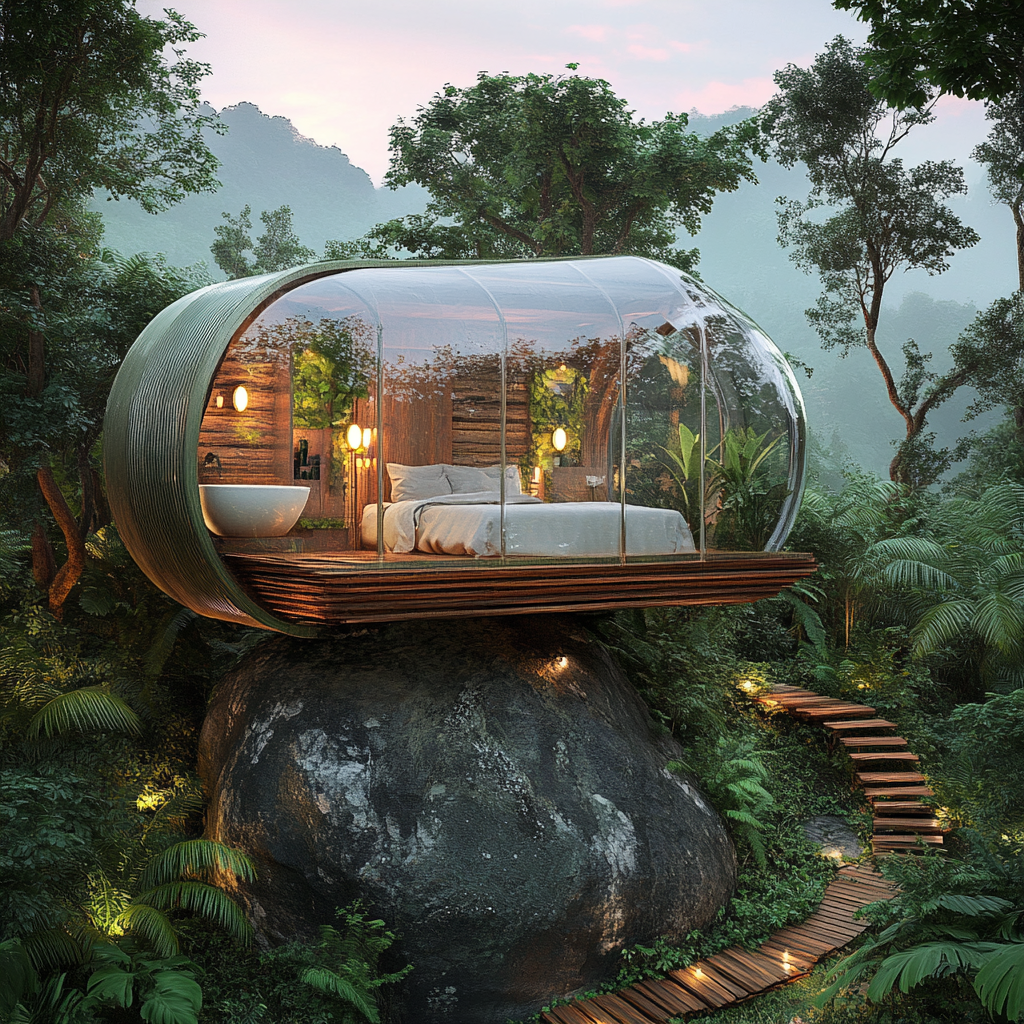 DIY wood cylinder house on rock in Brazilian jungle.