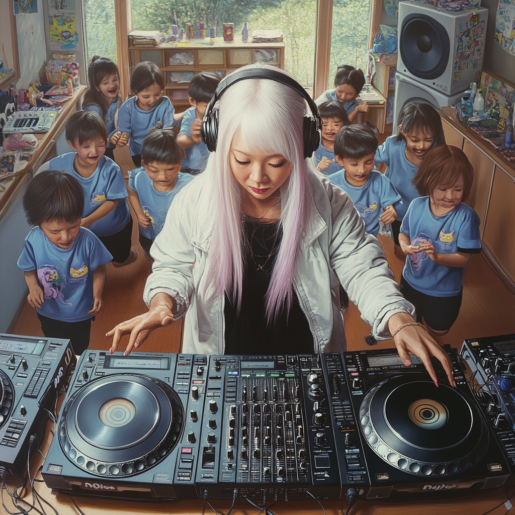 DJ Japanese Woman Spinning Music for Happy Children