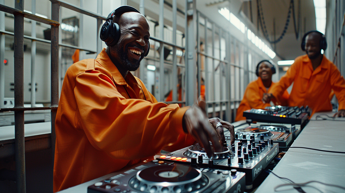 DJ prisoner spinning tunes in jail cell, smiling 