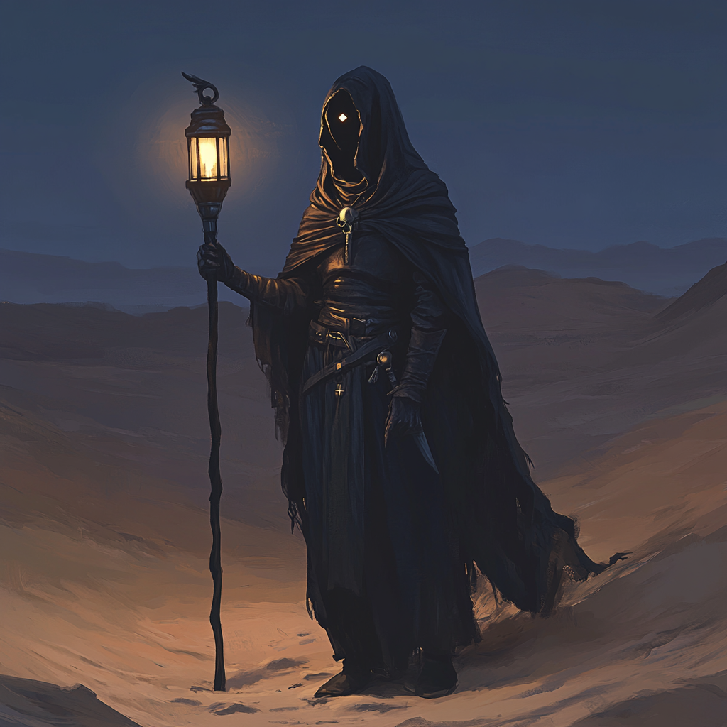 DND Cleric in Black Ritual Garb at Night