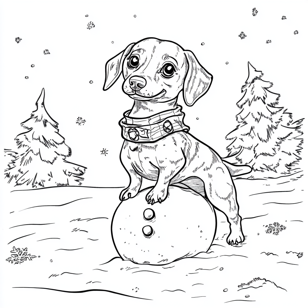 Dachshund and snowman in Christmas coloring book page.