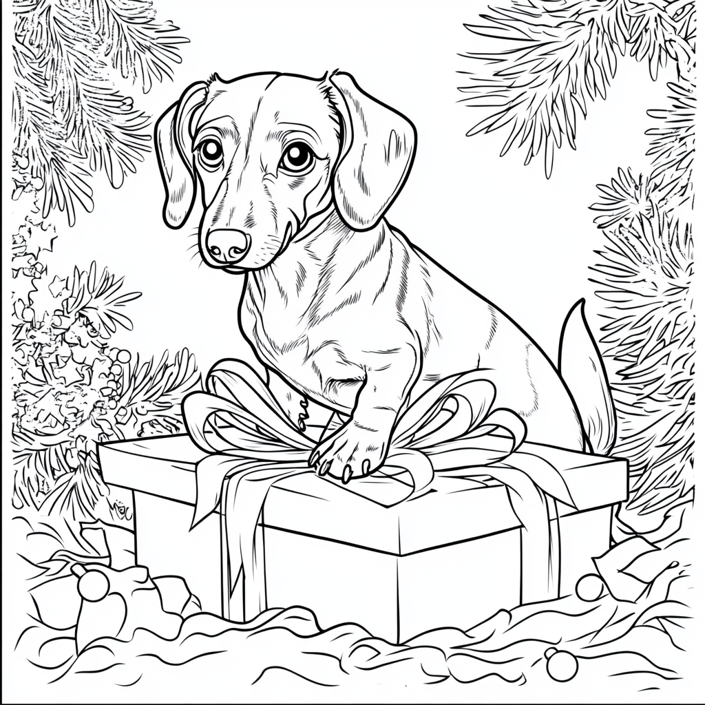 Dachshund dog in Christmas present coloring book page.