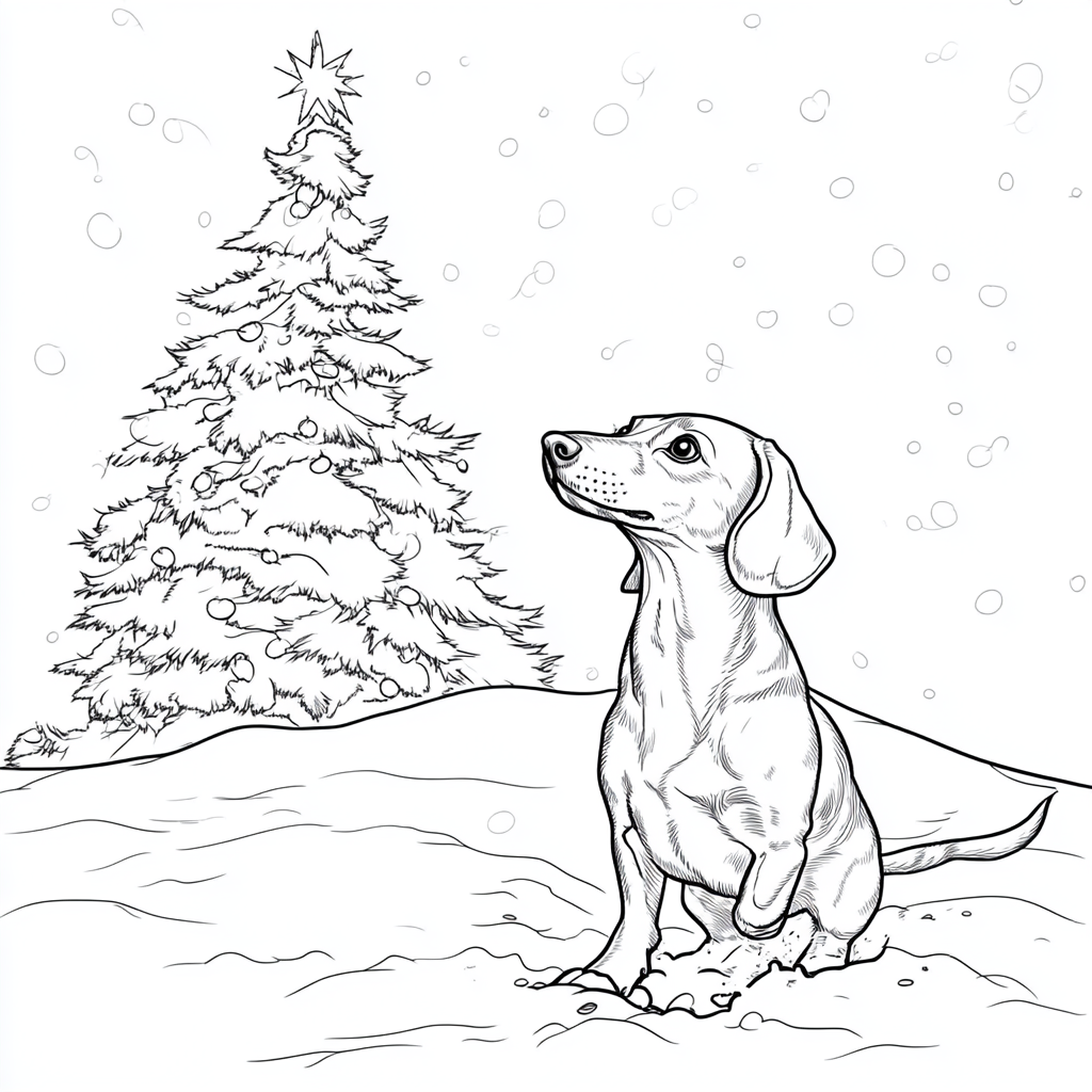 Dachshund playing in snow near white Christmas tree.