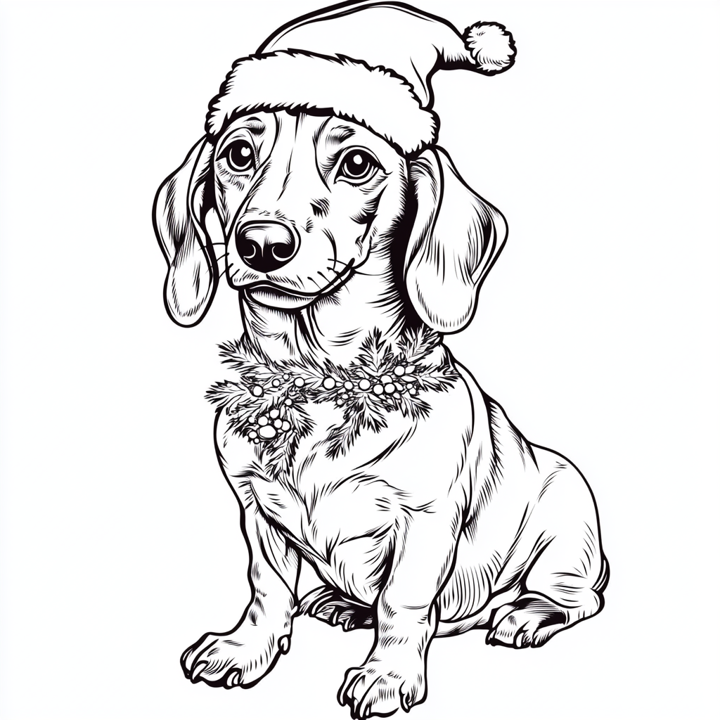 Dachshund with christmas hat on, coloring book page.