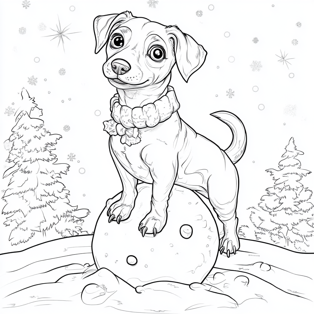 Dachshund with snowman in Christmas coloring book page