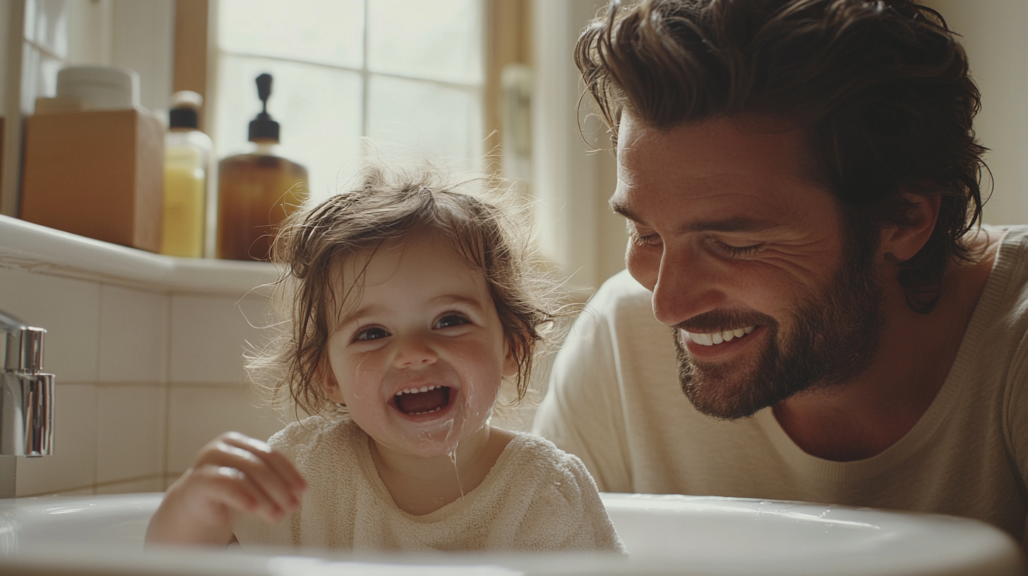 Dad Comforts Crying Daughter in Cozy Bathroom