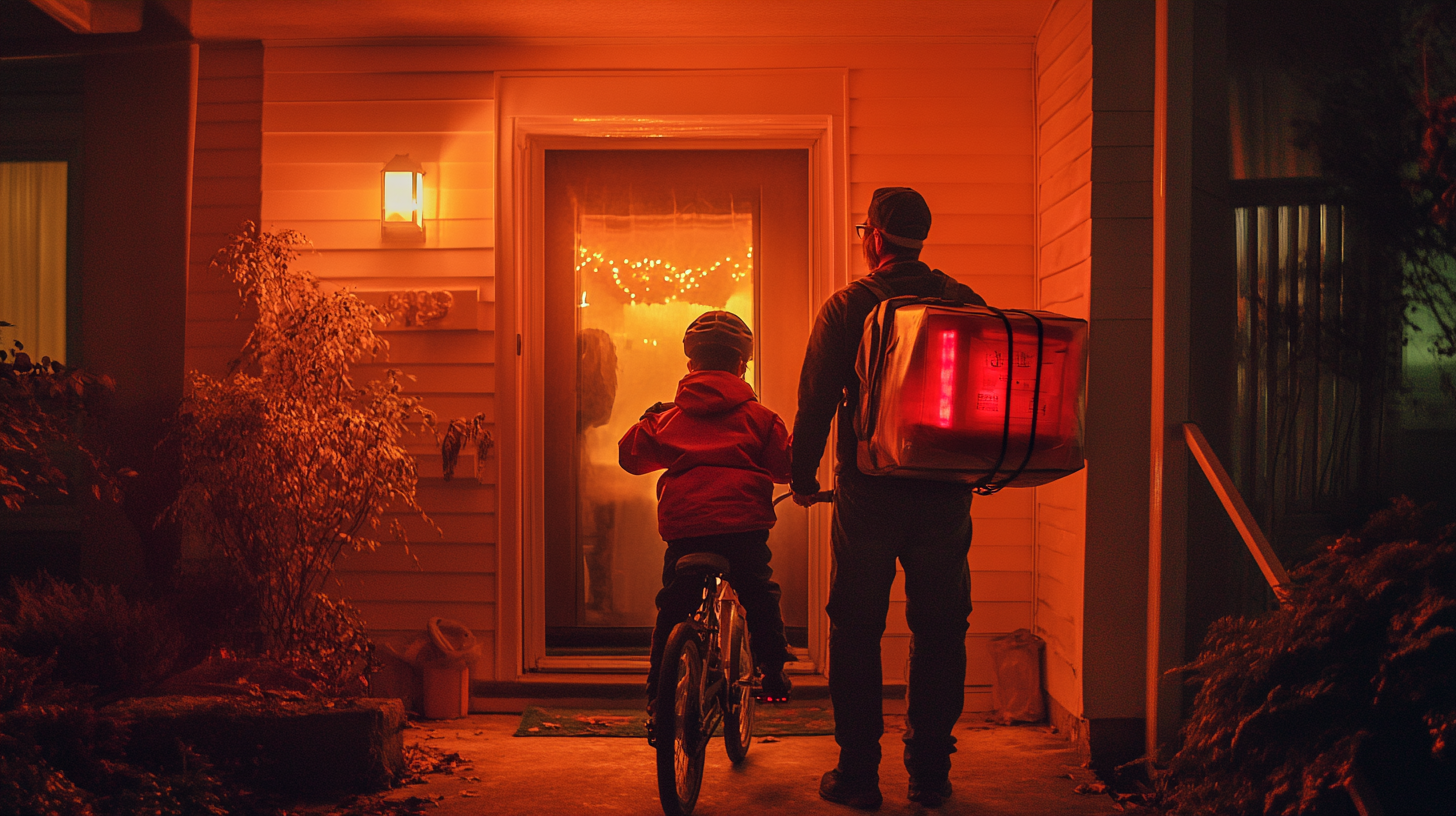 Dad and Son in Halloween Costumes Await Delivery