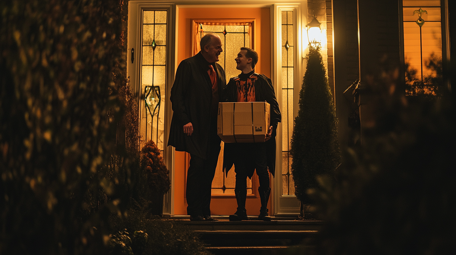 Dad and Son in Vampire Costumes with Delivery Person