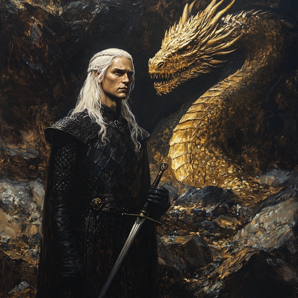 Daemon Targaryen, white hair, black tunic, sword, dragon.