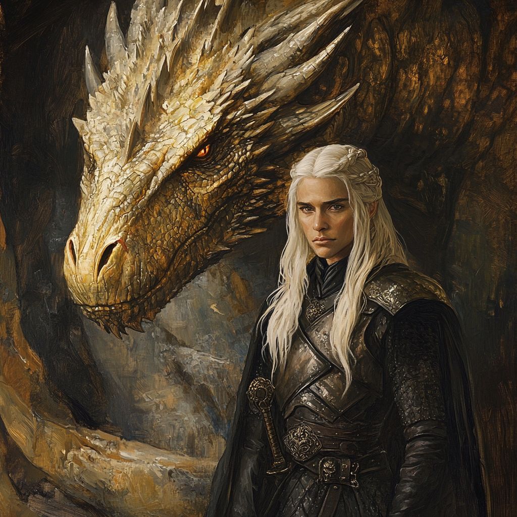 Daemon Targaryen in dark cave with golden dragon.