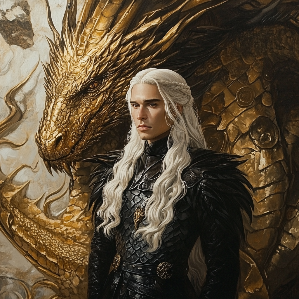 Daemon Targaryen in medieval setting with dragons.