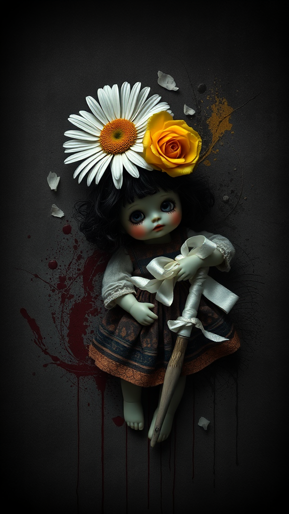 Daisy, Rose, and Broken Doll with Paint Splatters