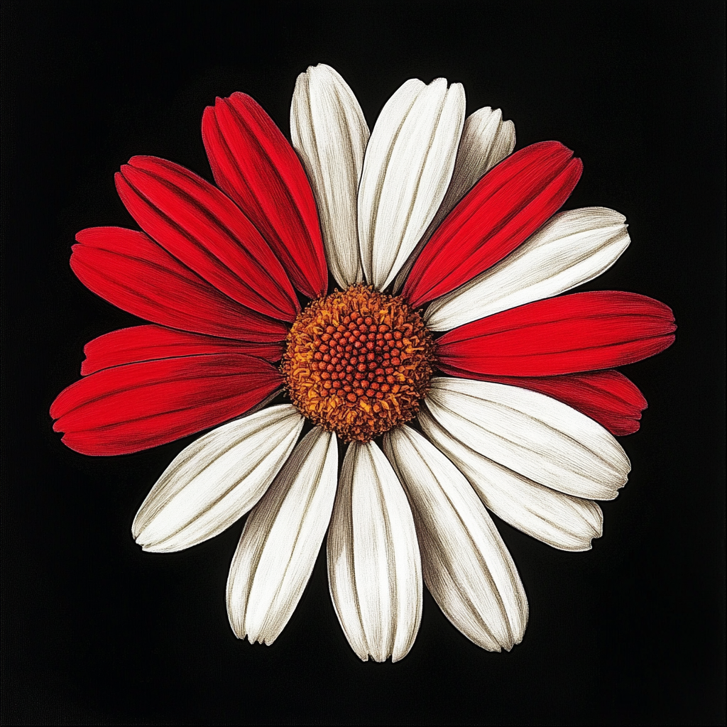 Daisy with white and red petals, minimalist drawing.