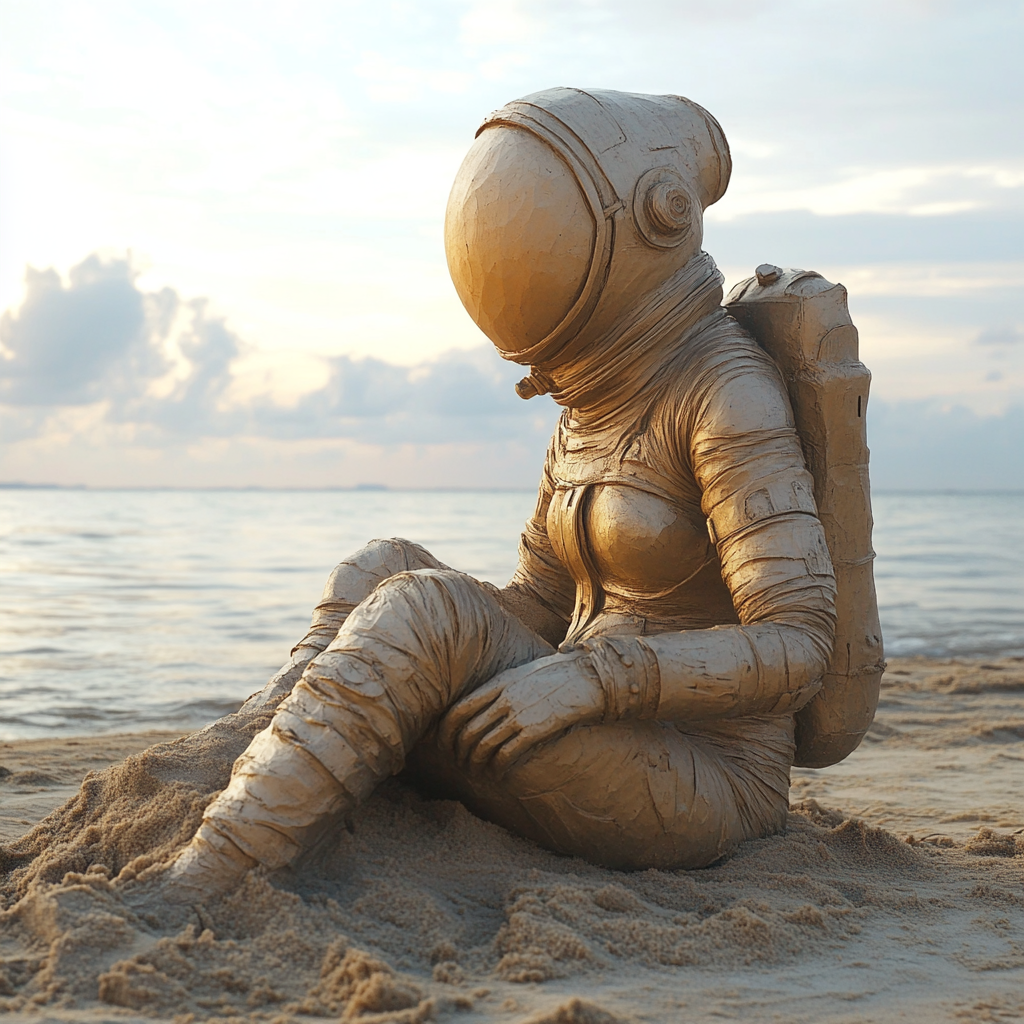 Dalí-style sand sculpture of astronaut woman at dawn