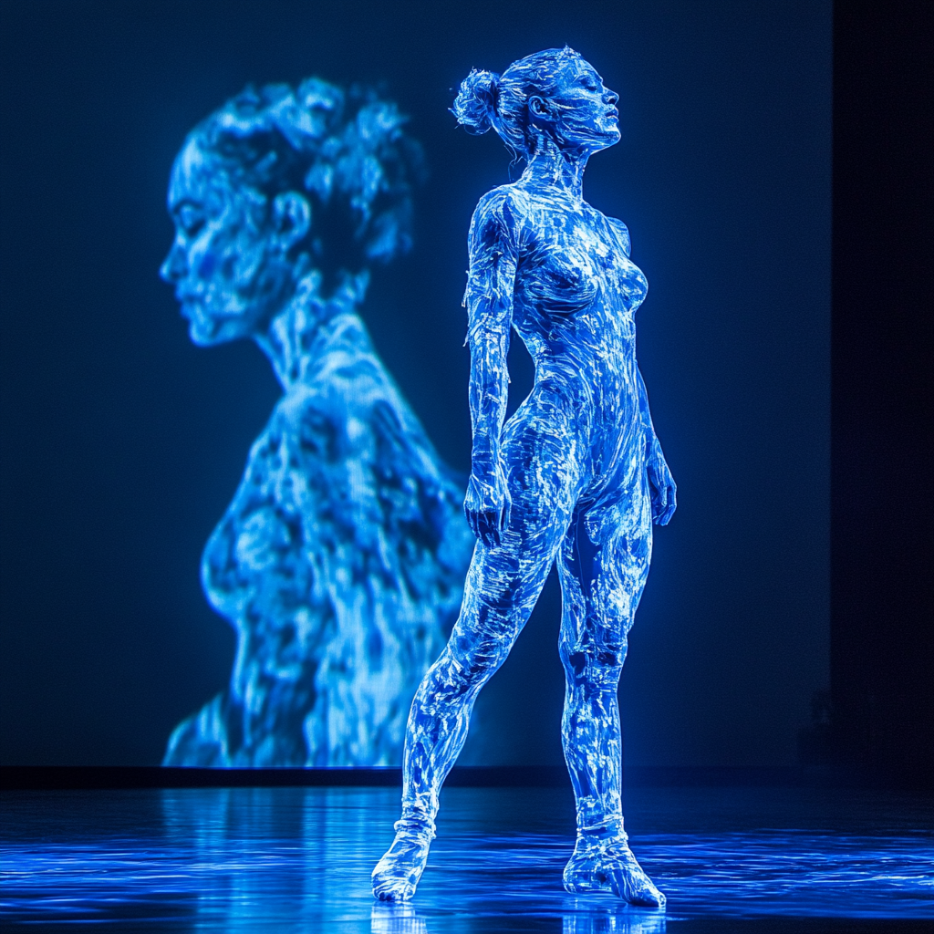 Dancer in Blue Jumpsuit on Stage with Profile