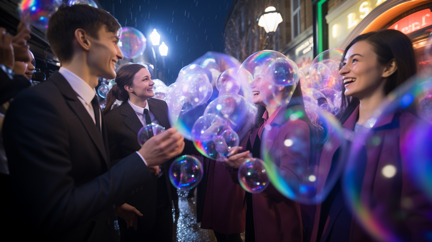 Dancers amazed by man in colorful suit at night.