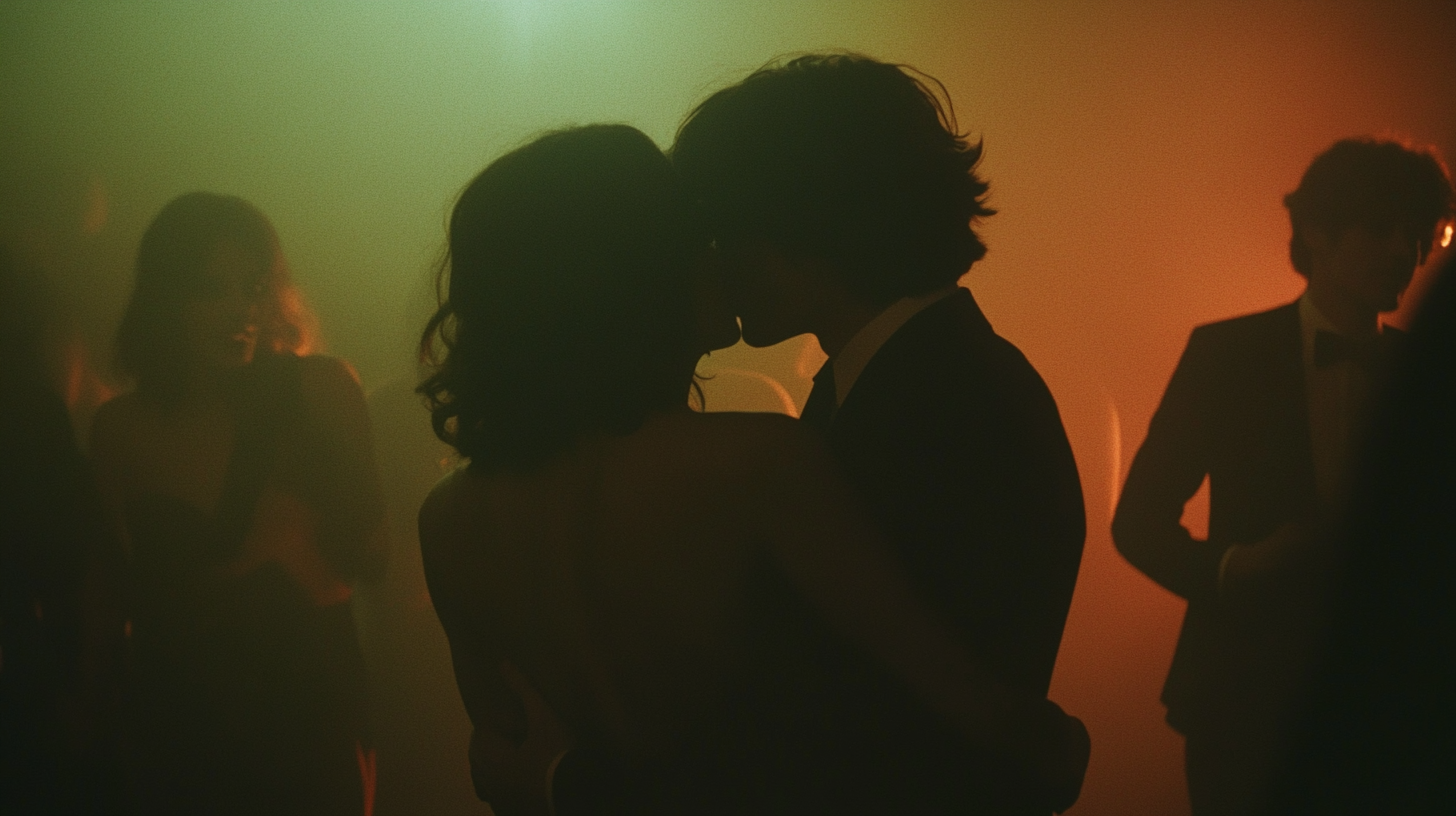 Dancing and Kissing in 70s Style Fashion Scene.