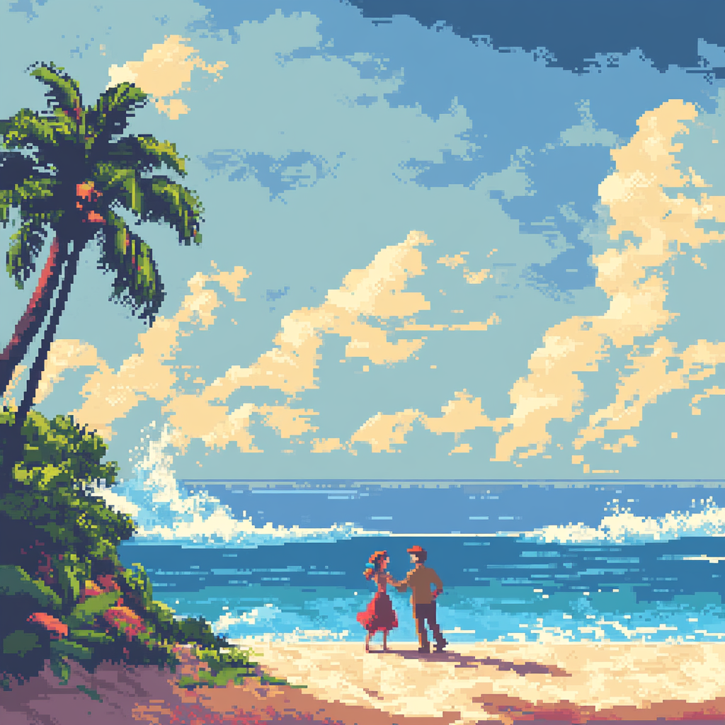 Dancing cartoon couple on beach in old video game