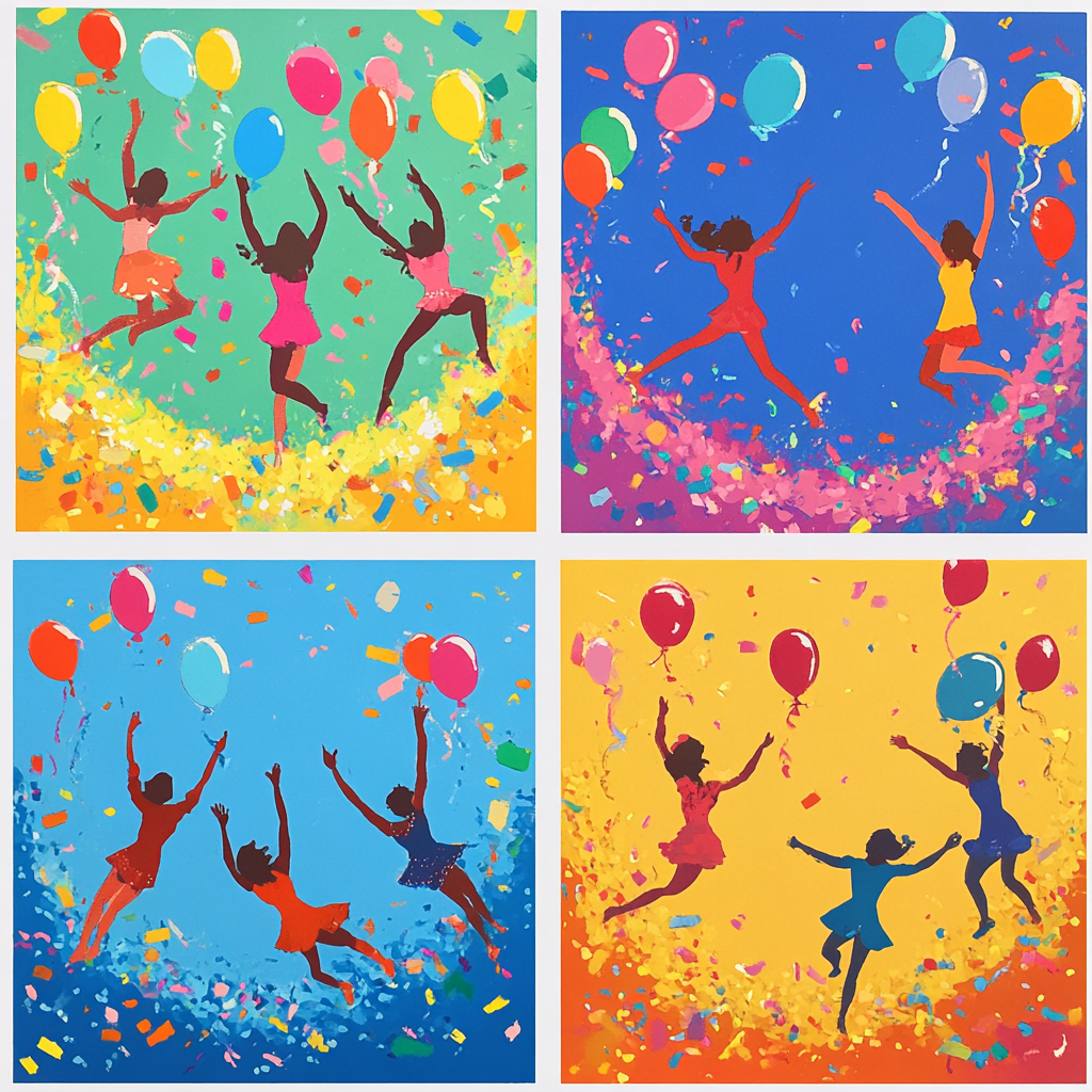 Dancing circle in colorful party with balloons and confetti.