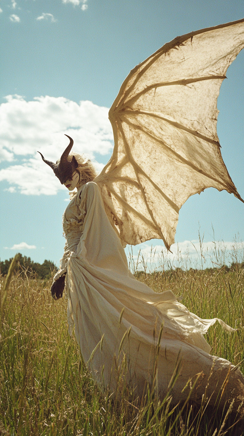 Dancing demon with wing in field under blue sky.