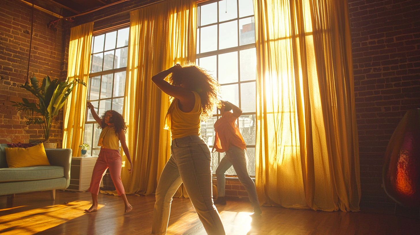 Dancing in cozy loft with warm colors.