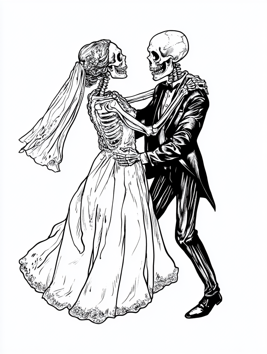 Dancing skeletons in wedding attire on coloring book page.