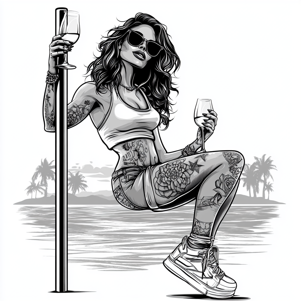 Dancing woman with wine on pool dance pole