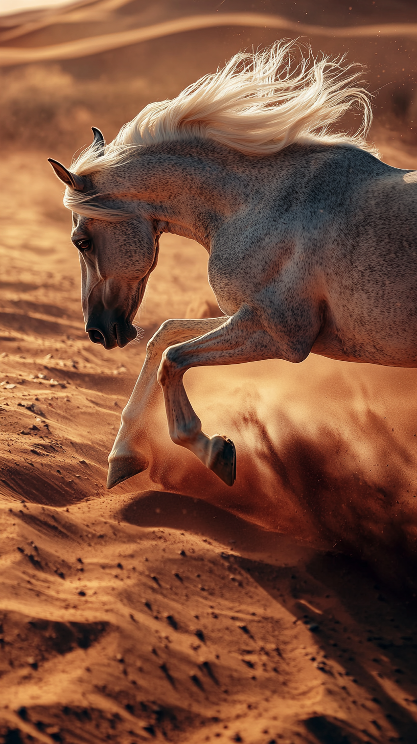 Dapple dark gray horse galloping in red desert.