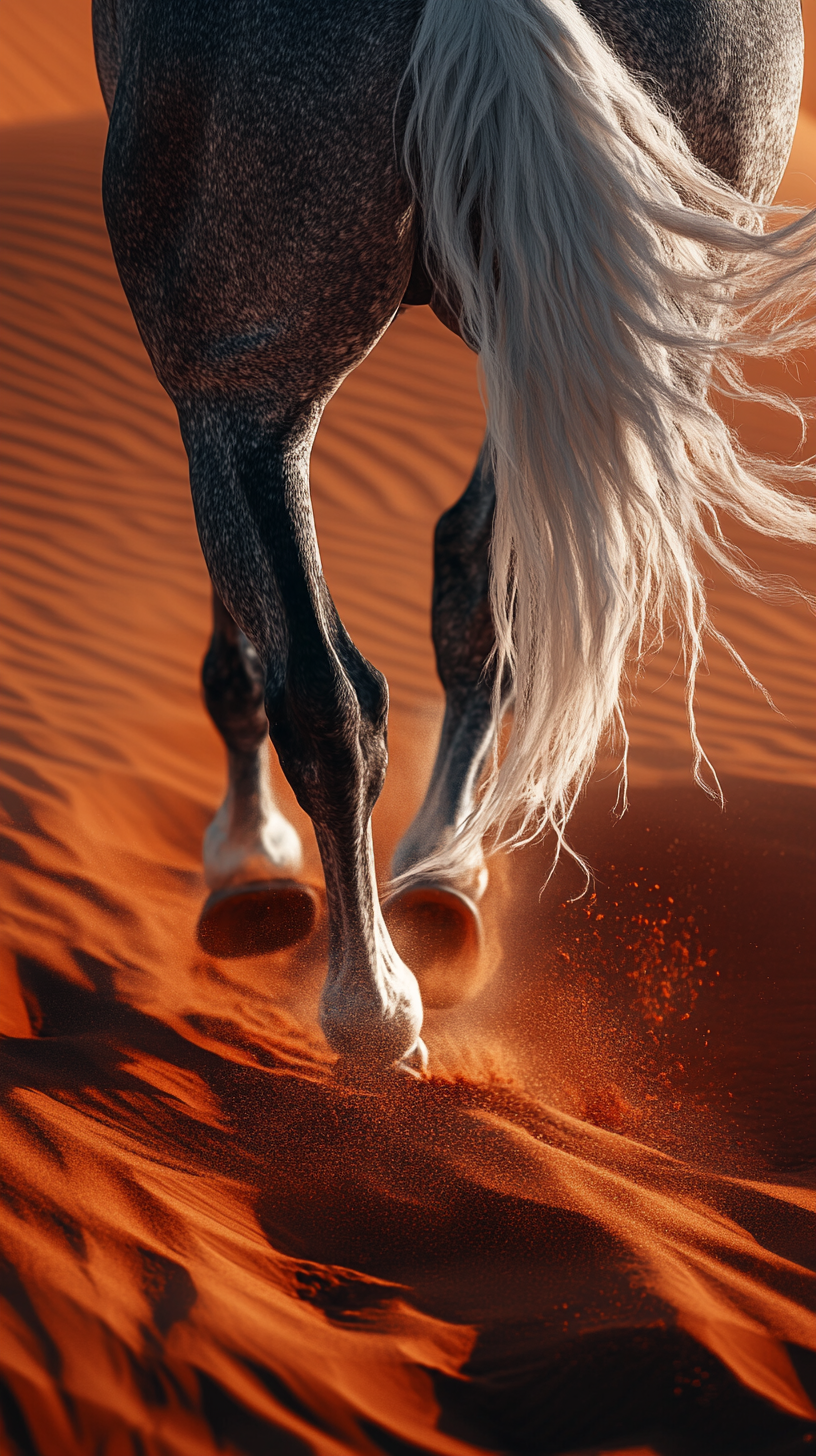 Dapple horse galloping in red desert under bright sun.