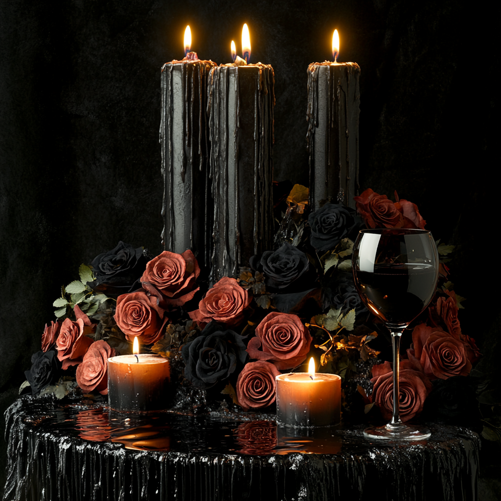 Dark, elegant, detailed floral arrangement with wine spill.