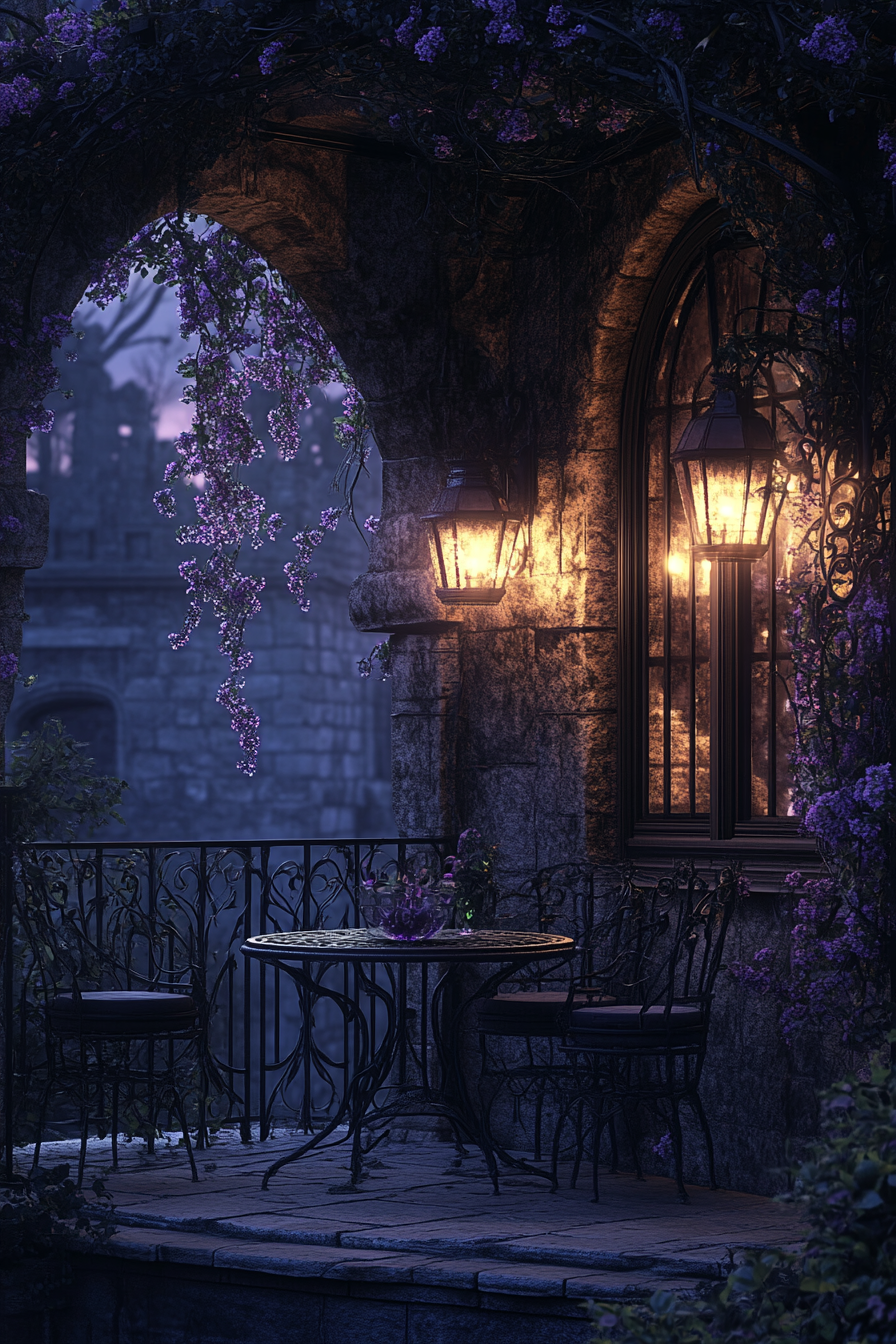 Dark, enchanted balcony with moonlit garden view. Nightshade vines.