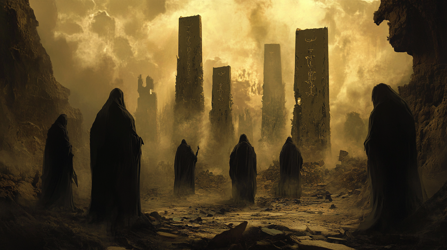 Dark, enigmatic Black Order knights in haunting ruins.