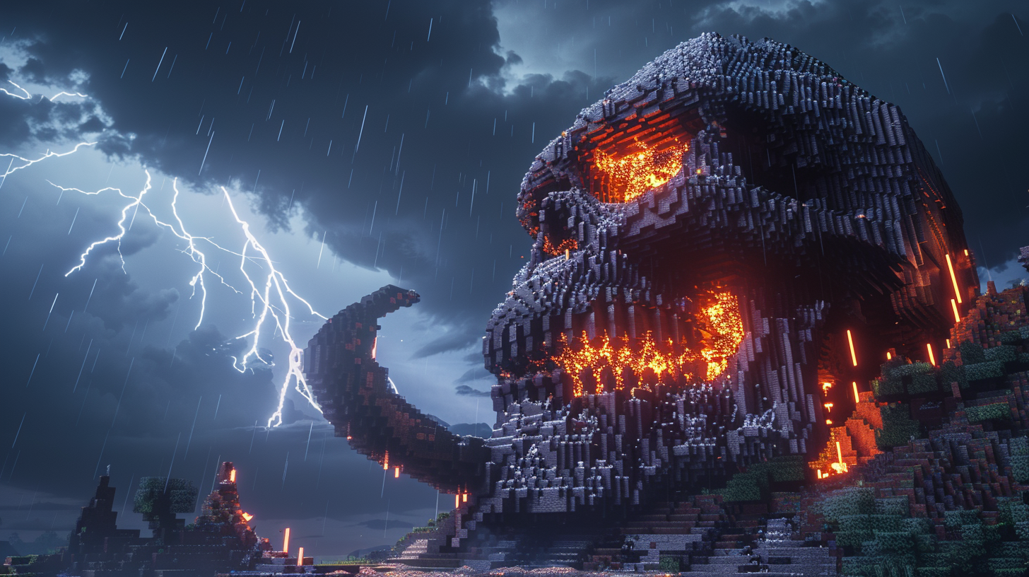 Dark, foreboding Balerion skull overlooks eerie Minecraft landscape.