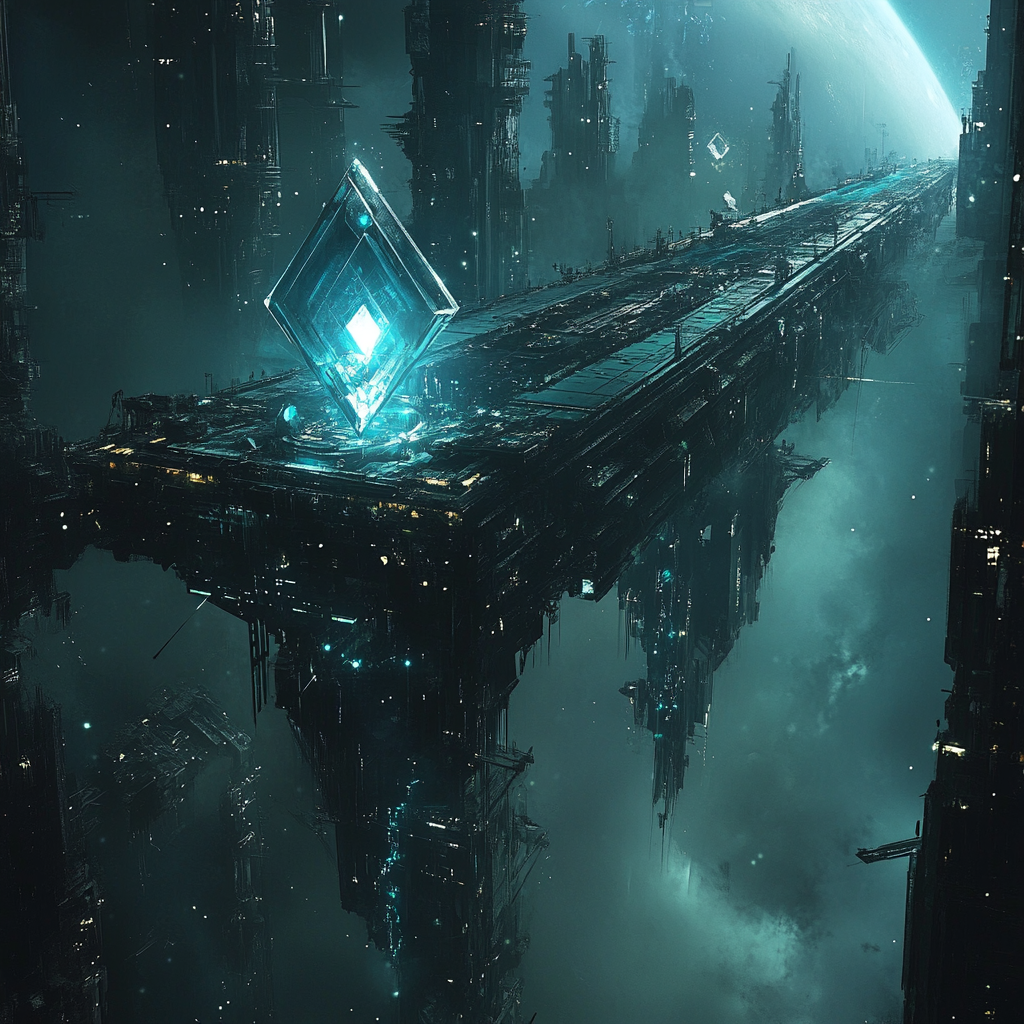 Dark, gritty sci-fi space station floating in space.