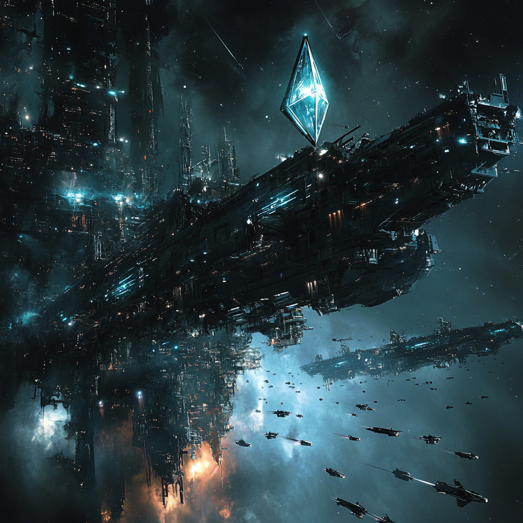 Dark, gritty sci-fi space station with floating ships.