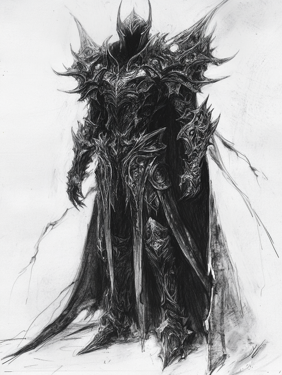 Dark, imposing, powerful armor-wearing protagonist with confidence.