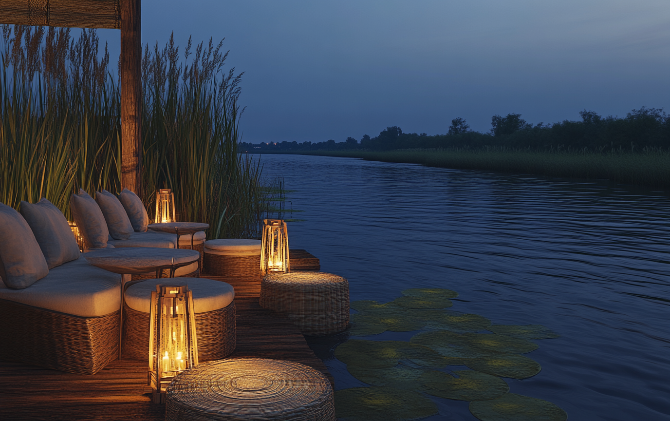 Dark, moody luxury hotel design inspired by lily pads.