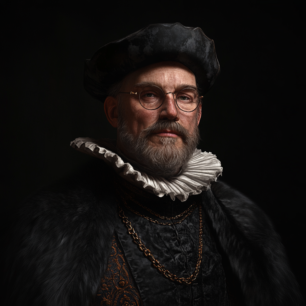 Dark, realistic portrait of wealthy tavern owner.